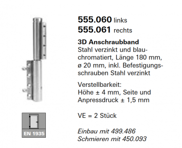 Schüco Jansen 3D Anschraubband Stahl verzinkt und blau- chromatiert, Länge 180 mm, rechts, Artikelnummer 555.061, Janisol HI Türen