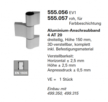 Schüco Jansen Aluminium-Anschraubband 4 AT 20 dreiteilig, Höhe 150 mm, Artikelnummer 555.057, roh, Janisol HI Türen