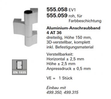 Schüco Jansen Aluminium-Anschraubband 4 AT 36 dreiteilig, Höhe 150 mm, Artikelnummer 555.058, EV1, Janisol HI Türen