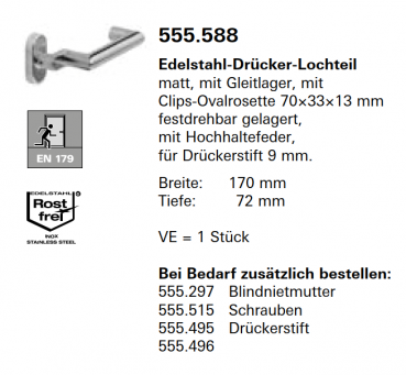 Schüco Jansen Edelstahl-Drücker-Lochteil matt, mit Gleitlager, Artikelnummer 555.588, Janisol HI Türen