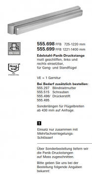 Schüco Jansen Edelstahl-Panik-Druckstange matt geschliffen, FFB 725, Artikelnummer 555.698, Janisol HI Türen