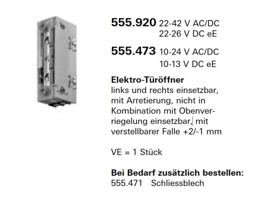 Schüco Jansen Elektro- Türöffner, mit Arretierung, Artikelnummer 555.920, links und rechts einsetzbar