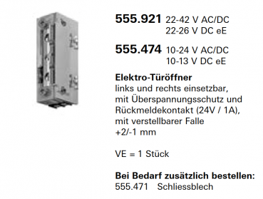 Schüco Jansen Elektro- Türöffner, mit Überspannungsschutz und Rückmeldekontakt, Artikelnummer 555.474, links und rechts einsetzbar