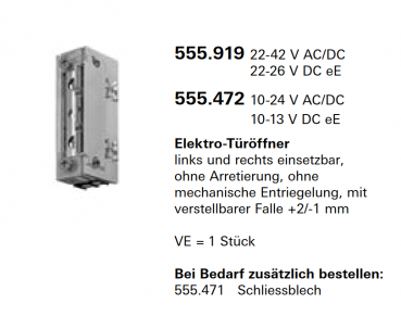 Schüco Jansen Elektro- Türöffner, ohne Arretierung, Artikelnummer 555.472, links und rechts einsetzbar