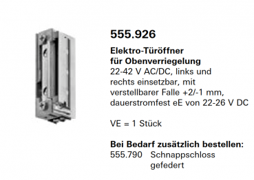 Schüco Jansen Elektro-Türöffner für Obenverriegelung, Artikelnummer 555.926