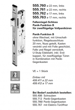 Schüco Jansen Fallenriegel-Schloss, Panik-Funktion B, Jansen Artikelnummer 555.760 ø 22 mm links, Zubehör Janisol HI Türen