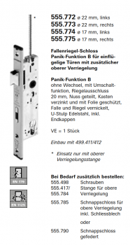 Schüco Jansen Fallenriegel-Schloss Panik-Funktion B, Artikelnummer 555.772 ø 22 mm links, Janisol HI Türen