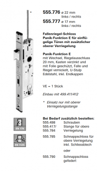 Schüco Jansen Fallenriegel-Schloss Panik-Funktion E, Artikelnummer 555.776 ø 22 mm links/rechts, Janisol HI Türen