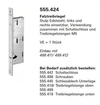 Schüco Jansen Falztreibriegel Stulp Edelstahl, Artikelnummer 555.424, links und rechts einsetzbar