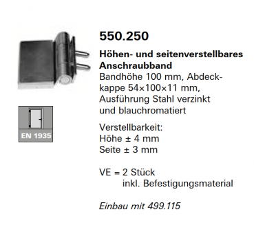 Schüco Jansen Höhen- und seitenverstellbares Anschraubband Bandhöhe 100 mm, Artikelnummer 550.250, Janisol HI Türen