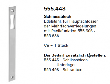 Schüco Jansen Janisol HI Türen, Schliessblech Edelstahl, für Hauptschlösser der Mehrfachverriegelungen, Artikelnummer 555.448