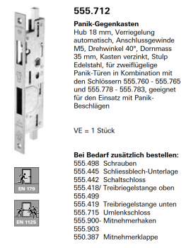 Schüco Jansen Panik-Gegenkasten Hub 18 mm, Verriegelung automatisch, Artikelnummer 555.712