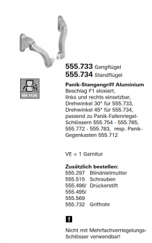 Schüco Jansen Panik-Stangengriff Aluminium Beschlag F1 eloxiert, Artikelnummer 555.734, Standflügel, links und rechts einsetzbar