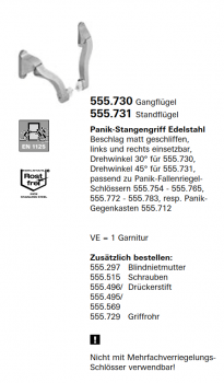 Schüco Jansen Panik-Stangengriff Edelstahl Beschlag matt geschliffen, Artikelnummer 555.730, links und rechts einsetzbar