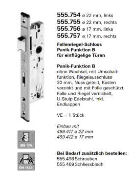 Schüco Jansen Rollenfallen-Schloss, Panik-Funktion B, Jansen Artikelnummer 555.755 ø 22 mm rechts, Zubehör Janisol HI Türen