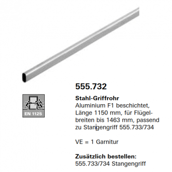 Schüco Jansen Stahl-Griffrohr Aluminium F1 beschichtet, Länge 1150 mm, Artikelnummer 555.732