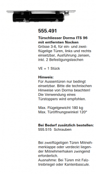 Schüco Jansen Türschliesser Dorma ITS 96 mit entfernten Nocken, Artikelnummer 555.491, Janisol HI Türen