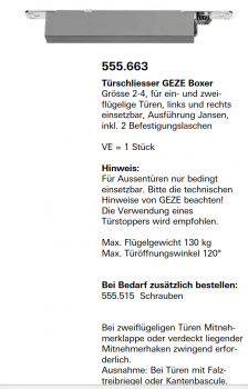Schüco Jansen Türschliesser GEZE Boxer Grösse 2-4, Artikelnummer 555.663, Janisol HI Türen