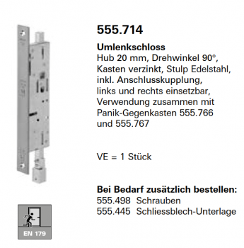 Schüco Jansen Umlenkschloss Hub 20 mm, Drehwinkel 90°, Kasten verzinkt, Artikelnummer 555.714, links und rechts einsetzbar