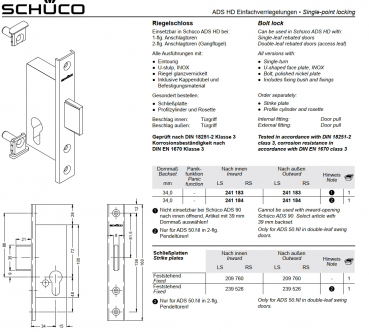Schüco Riegelschloss, 241 183, L/R, ADS HD Einfachverriegelungen