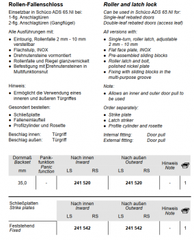 Schüco Rollen-Fallenschloss, 241 520, ADS 65.NI