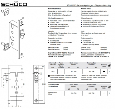 Schüco Rollenschloss, 241 186, L/R, ADS HD Einfachverriegelungen
