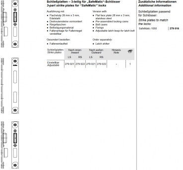 Schüco Schließplatten–3-teilig für „SafeMatic“-Schlösse, 279 021, LS, für Schüco ADS 65.NI