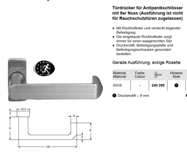 Schüco Türdrücker, Türgriff für Antipanikschlösser mit 9er Nuss, 240295, gerade