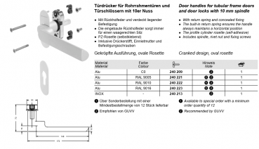 Schüco Türdrücker Alu, RAL 9016 gerade Ausführung, für Rohrrahmentüren, 240 220, Türschlössern mit 10er Nuss