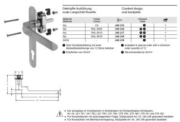 Schüco Türdrücker ALU, RAL 9010, gekröpfte Ausführung, ovale-Langschild-Rosette, für Rohrrahmentüren, 240 237, Türschlössern mit 10er Nuss