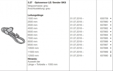 Hörmann Optosensor LE / Sender SKS Vergussmasse grau Anschlussleitung grau Leitungslänge von 1500 mm bis 12500 mm, 637890, 637889, 637888, 637887, 637886, 637885, 637884, 635709, 637880, 637881