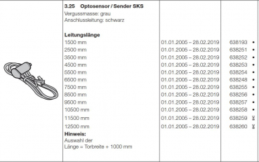 Hörmann Optosensor / Sender SKS Vergussmasse grau Anschlussleitung / schwarz Leitungslänge von 1500 mm bis 12500 mm, 638260, 638259, 638258, 638257, 638256, 638255, 638248, 638193, 638251, 638252, 638253