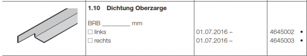 Hörmann Doppelgaragen-Schwingtor N 500, Dichtung Oberzarge links, 4645002