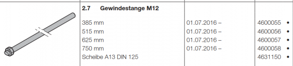 Hörmann Gewindestange M12, 385 mm Doppelgaragen-Schwingtor N 500, 4600055