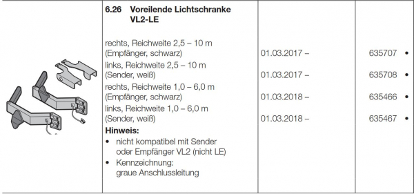 Hörmann voreilende Lichtschranke VL2 LE links Reichweite 1,0–6,0 m Sender weiß, 635467