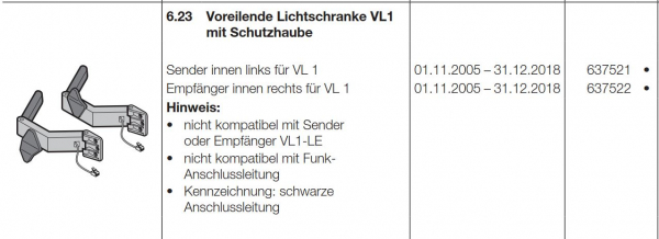 Hörmann voreilende Lichtschranke VL1 mit Schutzhaube Sender innen links für VL 1, 637521