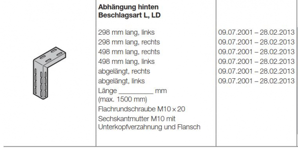 Hörmann Abhängung hinten Beschlagsart L, LD 298 mm rechts für die Industrietor Baureihe 30, 40, 50, 3095339