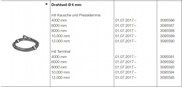 Hörmann Ersatzteil für die Baureihe 50-Allgemeines Zubehör-Drahtseil Durchmesser 4 mm mit Kausche und Pressklemme 12.000 mm, 3095590