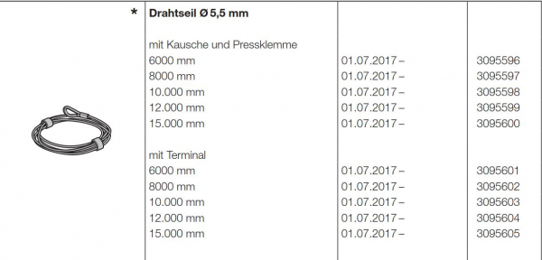 Hörmann Ersatzteil für die Baureihe 50-Allgemeines Zubehör-Drahtseil Durchmesser 5,5 mm mit Terminal 6000 mm, 3095601