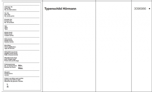 Hörmann Typenschild Hörmann für die Industrietore Baureihe 50 , 3096986