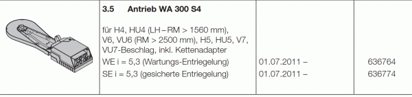 Hörmann Ersatz Antrieb WA 300 S4 WE i = 4,3 (gesicherte Entriegelung), 636798