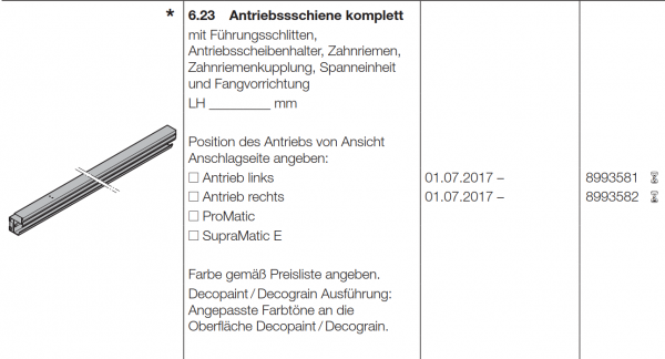 Hörmann Antriebsschiene komplett Links für Garagen-Deckenlauftor - RollMatic OD, 8993581