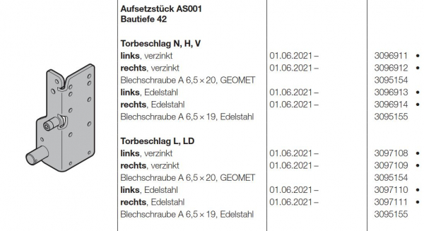 Hörmann Aufsetzstück AS001 links, Edelstahl Bautiefe 42 für Baureihe 60, 3096913