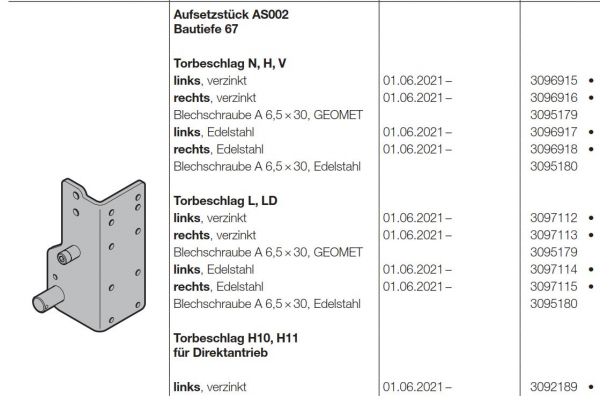 Hörmann Aufsetzstück AS002 Bautiefe 67 links, Edelstahl, Torbeschlag N, H, V, für Baureihe 60, 3096917