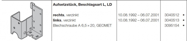 Hörmann Aufsetzstück Beschlagsart L, LD für die Industrietor Baureihe 30, 3040513, 3040515