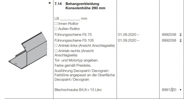 Hörmann Behangverkleidung Konsolenhöhe 290 mm FS 105 Garagen-Rolltor RollMatic T, 8992058