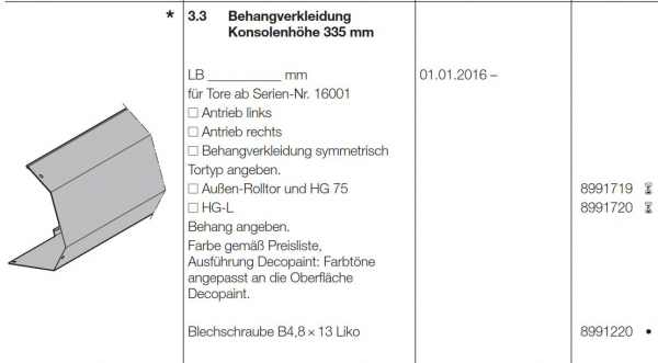 Hörmann Behangverkleidung Konsolenhöhe 335 mm Außen-Rolltor und HG -L, 8991720