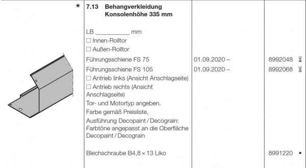 Hörmann Behangverkleidung Konsolenhöhe 335 mm Garagen-Rolltor RollMatic T, 8992048