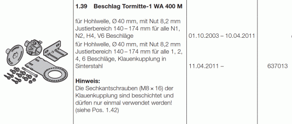 Hörmann Torbeschlag Tormitte-1 WA 400 M / 500 M, 637013