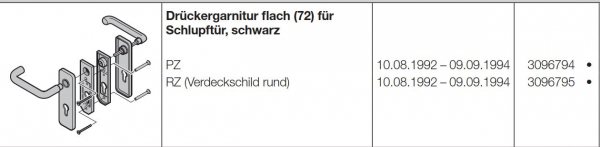 Hörmann Beschlagsteile für Türen der Baureihe 30 Drückergarnitur flach 72 für Schlupftür schwarz Profilzylinder Lieferumfang; 1 Stück    10.08.1992 – 09.09.1994